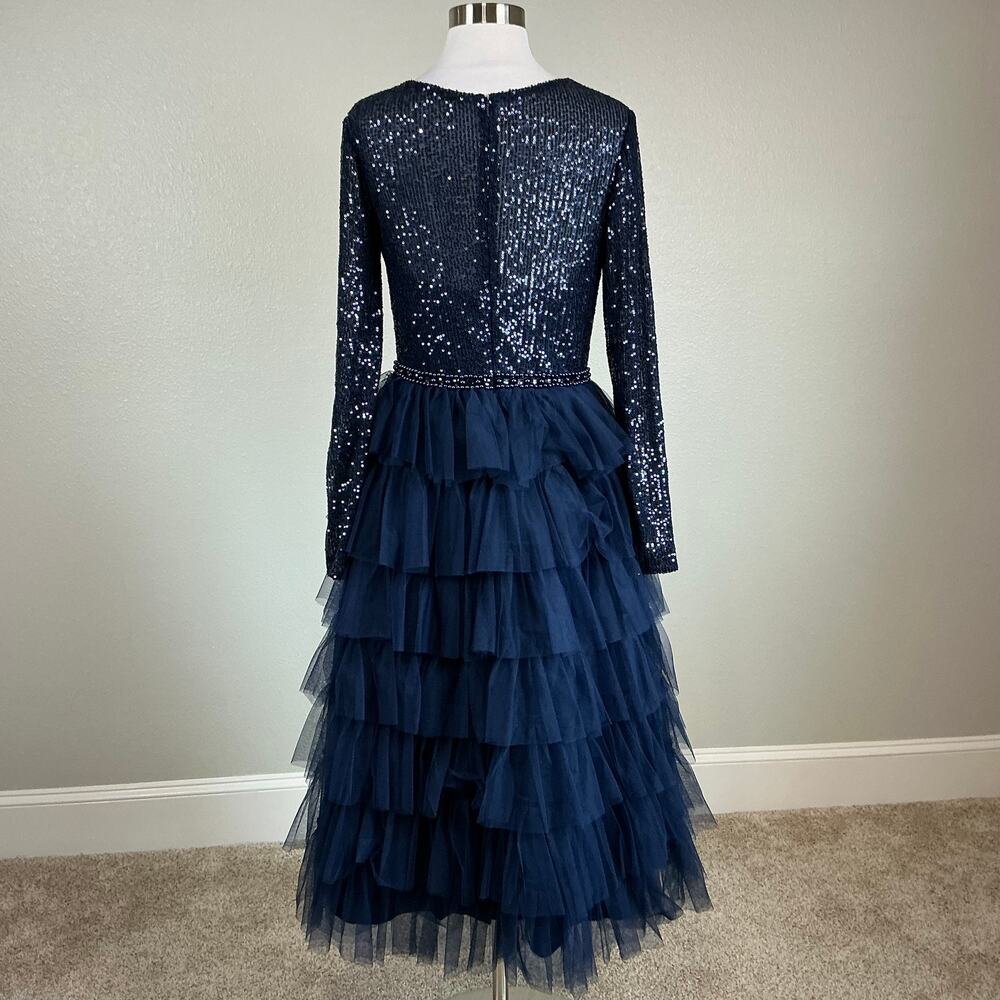 Mac Duggal 26299 Blue Cocktail Dress Sequined Tulle Long Sleeve A-Line Size 14 - Picture 7 of 11